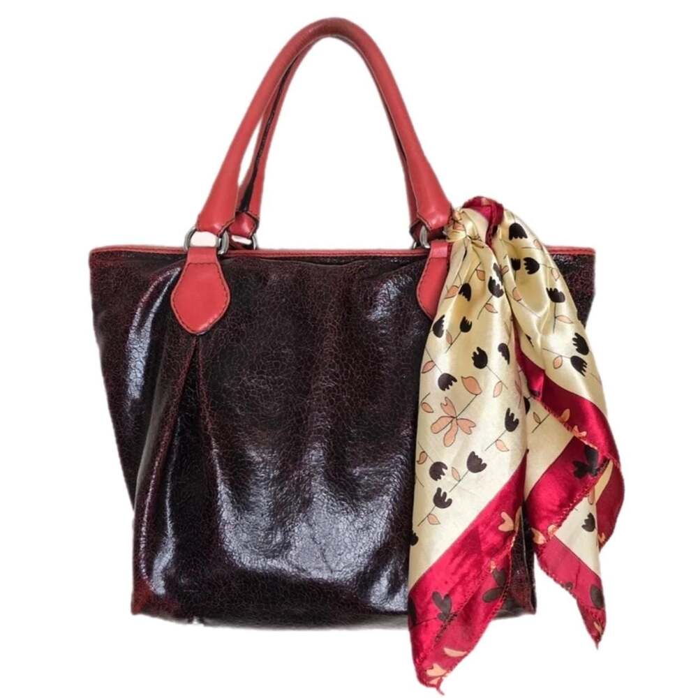 Abro Crackle Finish Leather Tote with Floral Scarf